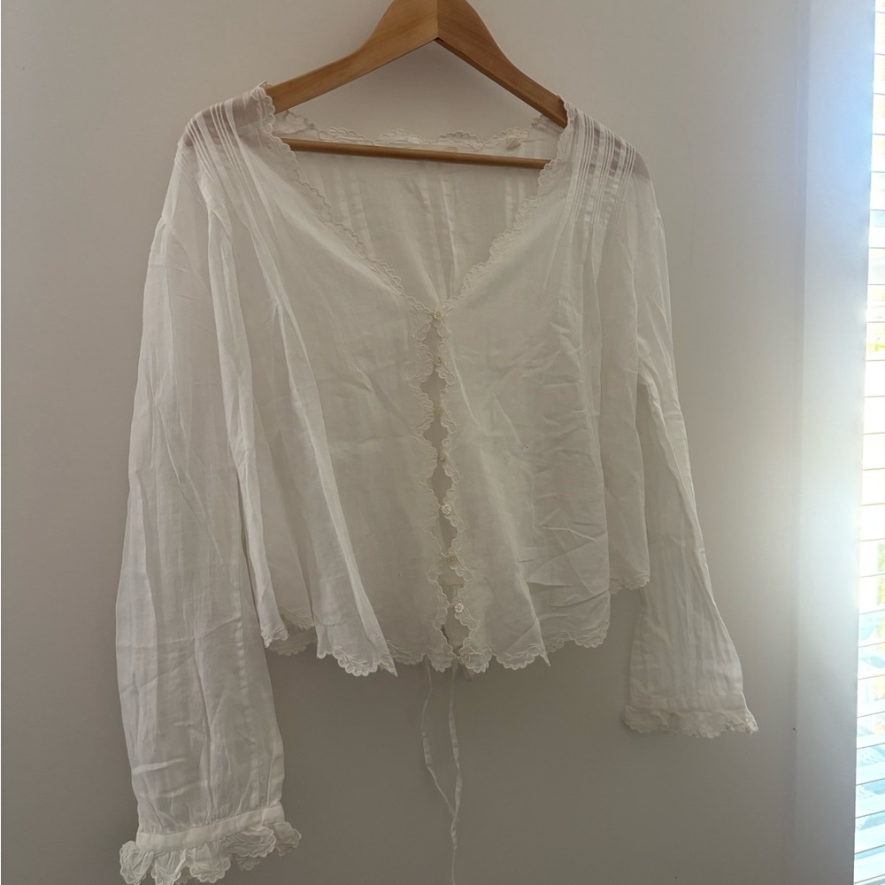 Doen White Cotton Lace-Trim Peasant Blouse